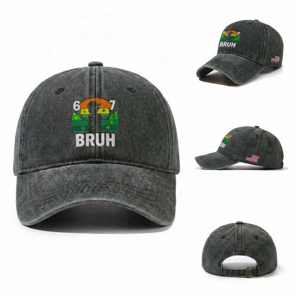 67 Bruh St Patricks Day Washed Cotton Baseball Cap Funny Six Seven Boys Kids Meme TS14 Washed Cap Universal Fit Dark Green Print Your Wear