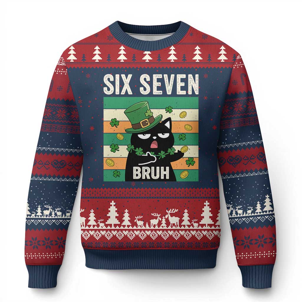 67 Bruh St Patricks Day Ugly Christmas Sweater Funny Cat Bruh Six Seven Meme TS14 Navy Red Print Your Wear