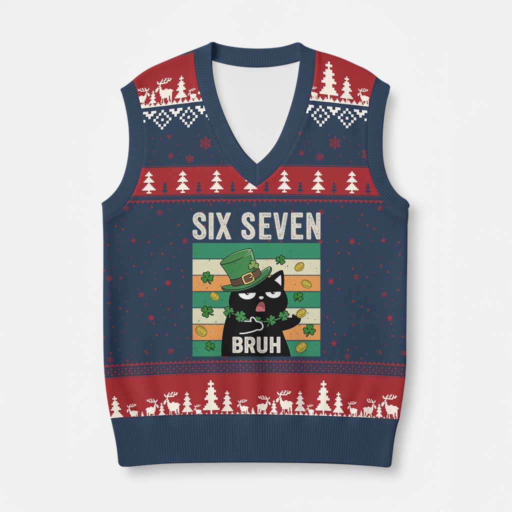 67 Bruh St Patricks Day V-Neck Knit Sweater Vest Funny Cat Bruh Six Seven Meme TS14 Navy Red Print Your Wear