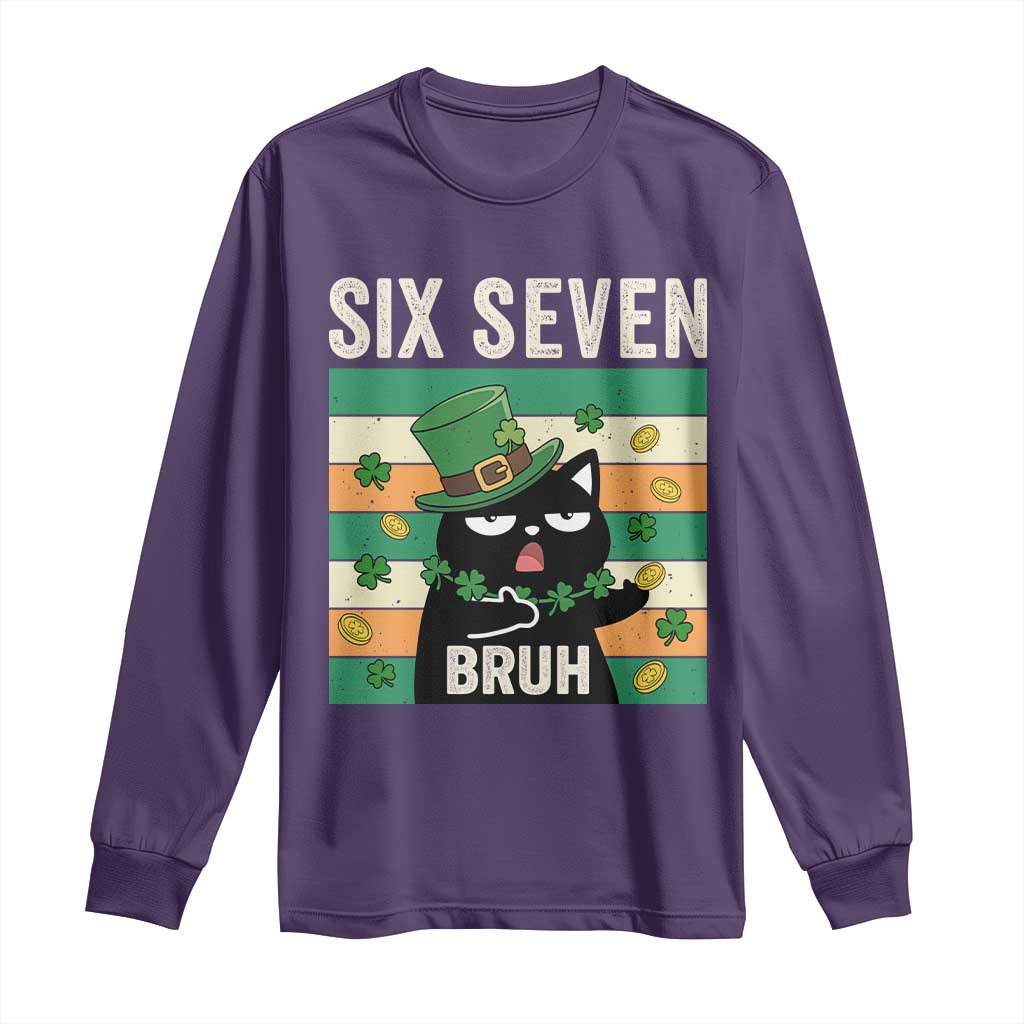 67 Bruh St Patricks Day Long Sleeve Shirt Funny Cat Bruh Six Seven Meme TS14 Purple Print Your Wear