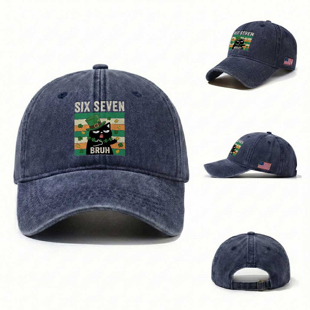 67 Bruh St Patricks Day Washed Cotton Baseball Cap Funny Cat Bruh Six Seven Meme TS14 Washed Cap Universal Fit Navy Print Your Wear