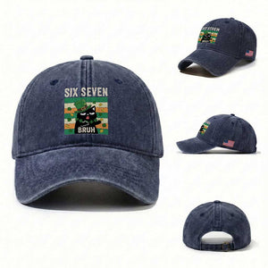 67 Bruh St Patricks Day Washed Cotton Baseball Cap Funny Cat Bruh Six Seven Meme TS14 Washed Cap Universal Fit Navy Print Your Wear