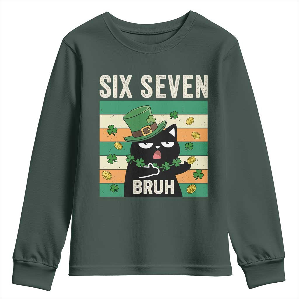 67 Bruh St Patricks Day Youth Sweatshirt Funny Cat Bruh Six Seven Meme TS14 Dark Forest Green Print Your Wear