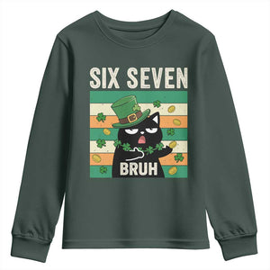 67 Bruh St Patricks Day Youth Sweatshirt Funny Cat Bruh Six Seven Meme TS14 Dark Forest Green Print Your Wear
