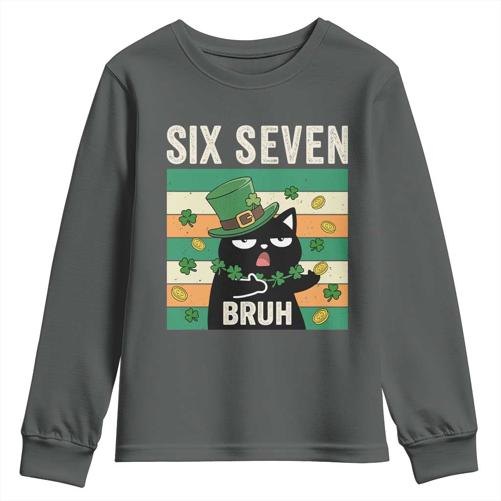 67 Bruh St Patricks Day Youth Sweatshirt Funny Cat Bruh Six Seven Meme TS14 Dark Heather Print Your Wear