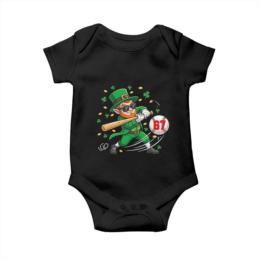67 St Patricks Day Baby Onesie Funny Six Seven Leprechaun Playing Baseball Meme TS14 Black Print Your Wear