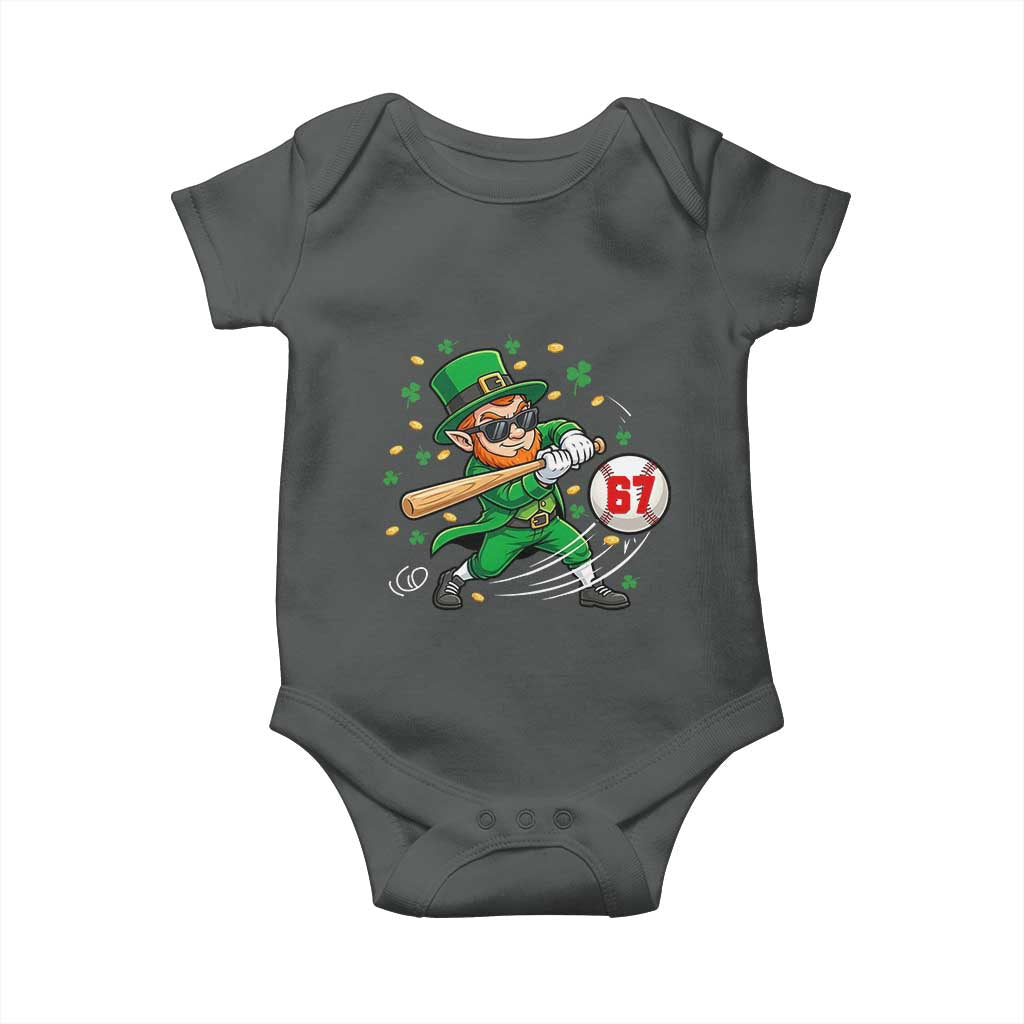 67 St Patricks Day Baby Onesie Funny Six Seven Leprechaun Playing Baseball Meme TS14 Dark Heather Print Your Wear