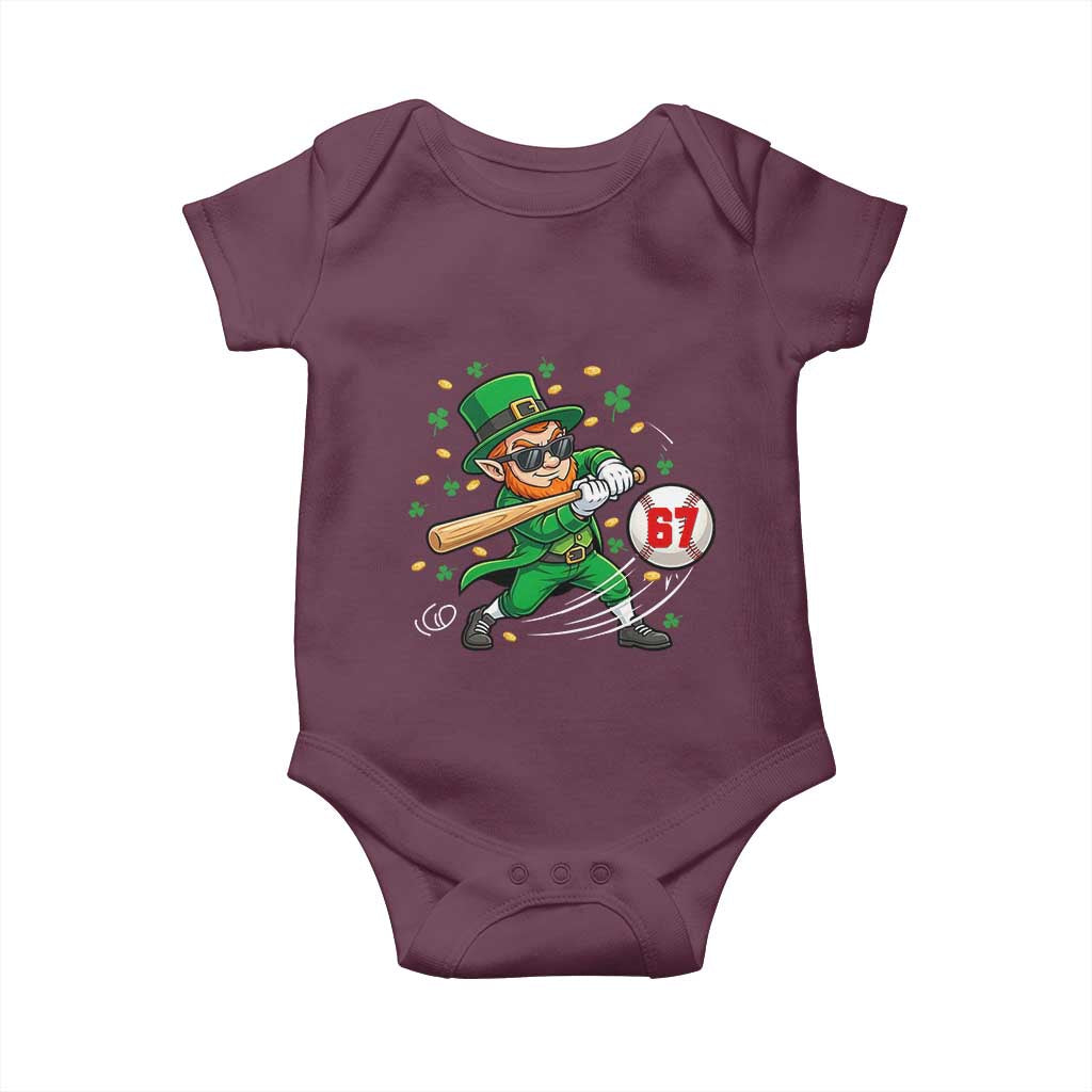 67 St Patricks Day Baby Onesie Funny Six Seven Leprechaun Playing Baseball Meme TS14 Maroon Print Your Wear