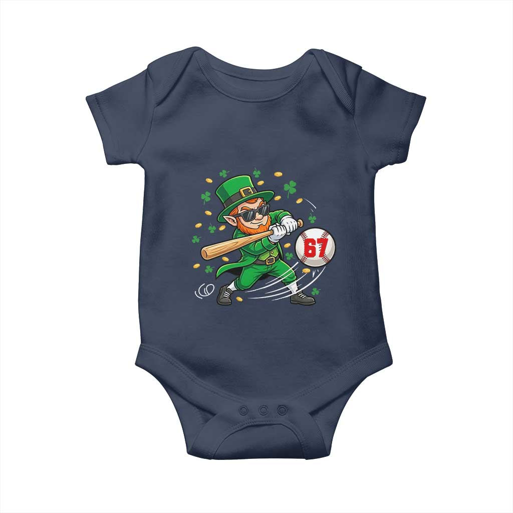 67 St Patricks Day Baby Onesie Funny Six Seven Leprechaun Playing Baseball Meme TS14 Navy Print Your Wear