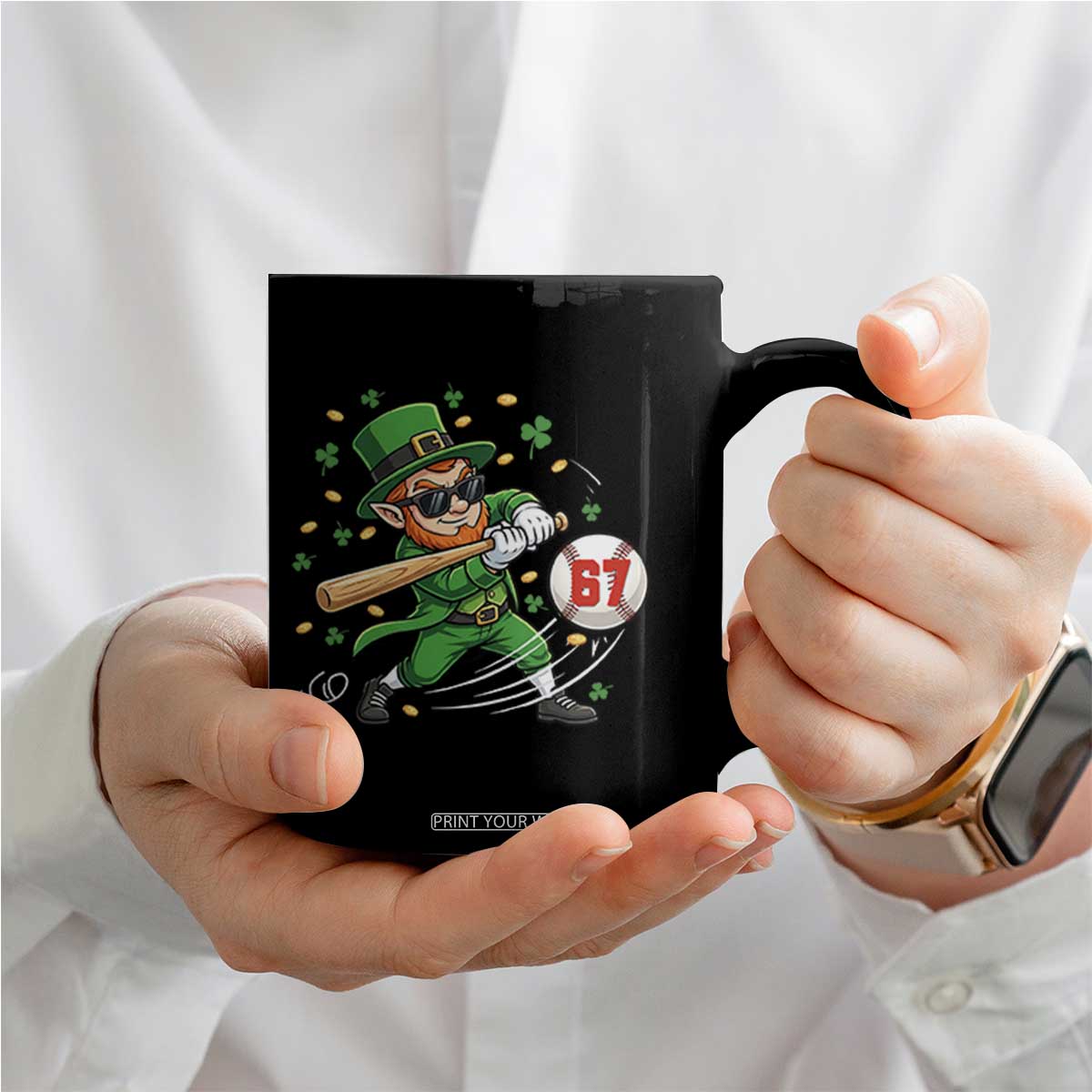 67 St Patricks Day Coffee Mug Funny Six Seven Leprechaun Playing Baseball Meme TS14 Print Your Wear