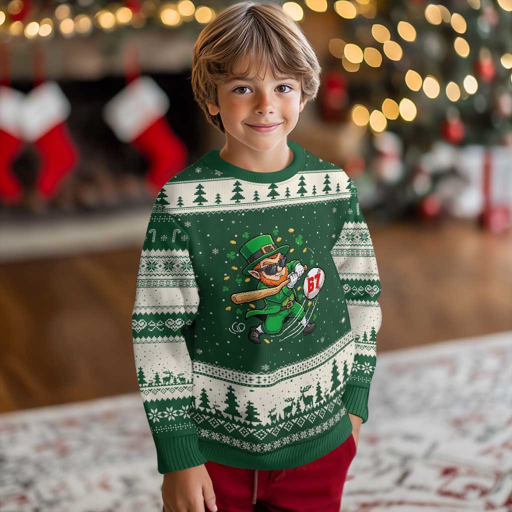 67 St Patricks Day Ugly Christmas Sweater Funny Six Seven Leprechaun Playing Baseball Meme TS14 Forest Green Beige Print Your Wear