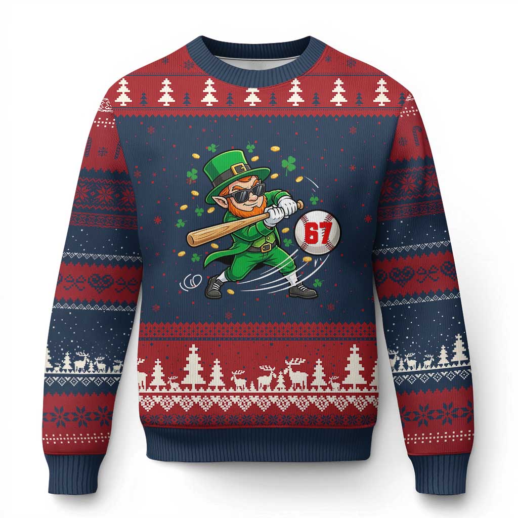 67 St Patricks Day Ugly Christmas Sweater Funny Six Seven Leprechaun Playing Baseball Meme TS14 Navy Red Print Your Wear