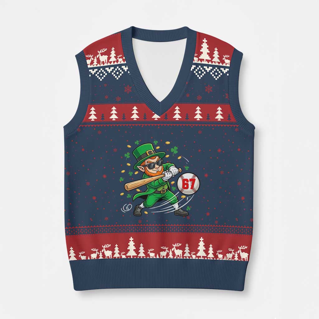 67 St Patricks Day V-Neck Knit Sweater Vest Funny Six Seven Leprechaun Playing Baseball Meme TS14 Navy Red Print Your Wear
