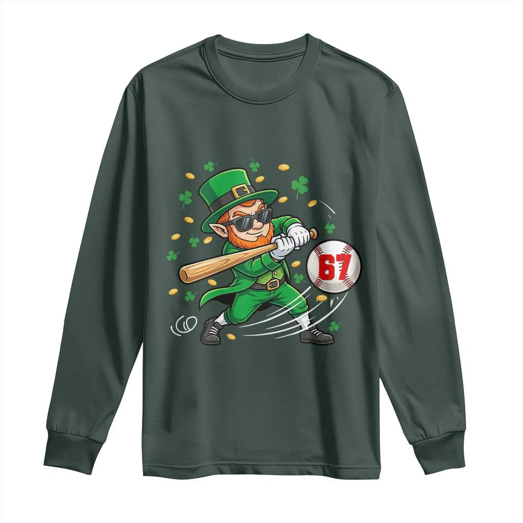 67 St Patricks Day Long Sleeve Shirt Funny Six Seven Leprechaun Playing Baseball Meme TS14 Dark Forest Green Print Your Wear
