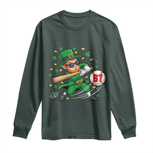 67 St Patricks Day Long Sleeve Shirt Funny Six Seven Leprechaun Playing Baseball Meme TS14 Dark Forest Green Print Your Wear