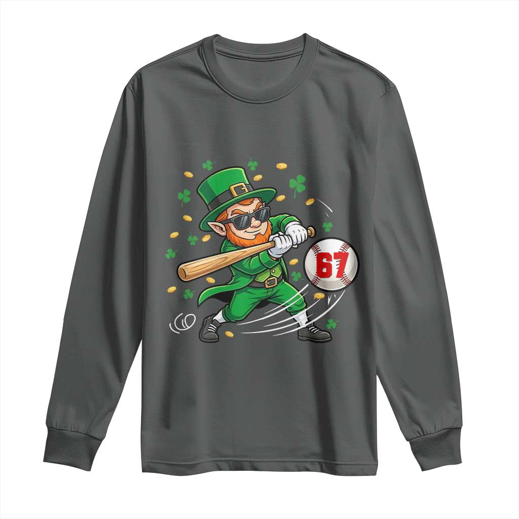 67 St Patricks Day Long Sleeve Shirt Funny Six Seven Leprechaun Playing Baseball Meme TS14 Dark Heather Print Your Wear