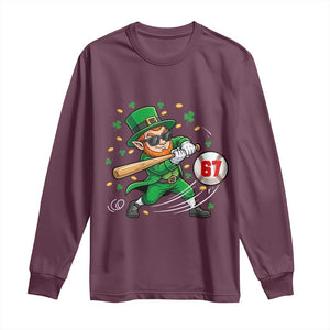 67 St Patricks Day Long Sleeve Shirt Funny Six Seven Leprechaun Playing Baseball Meme TS14 Maroon Print Your Wear