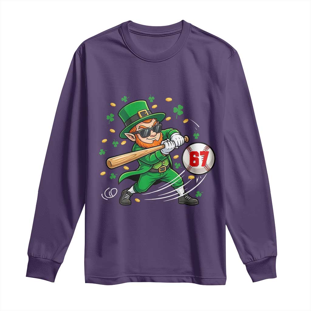 67 St Patricks Day Long Sleeve Shirt Funny Six Seven Leprechaun Playing Baseball Meme TS14 Purple Print Your Wear