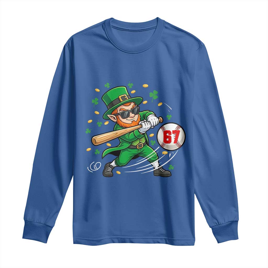 67 St Patricks Day Long Sleeve Shirt Funny Six Seven Leprechaun Playing Baseball Meme TS14 Royal Blue Print Your Wear