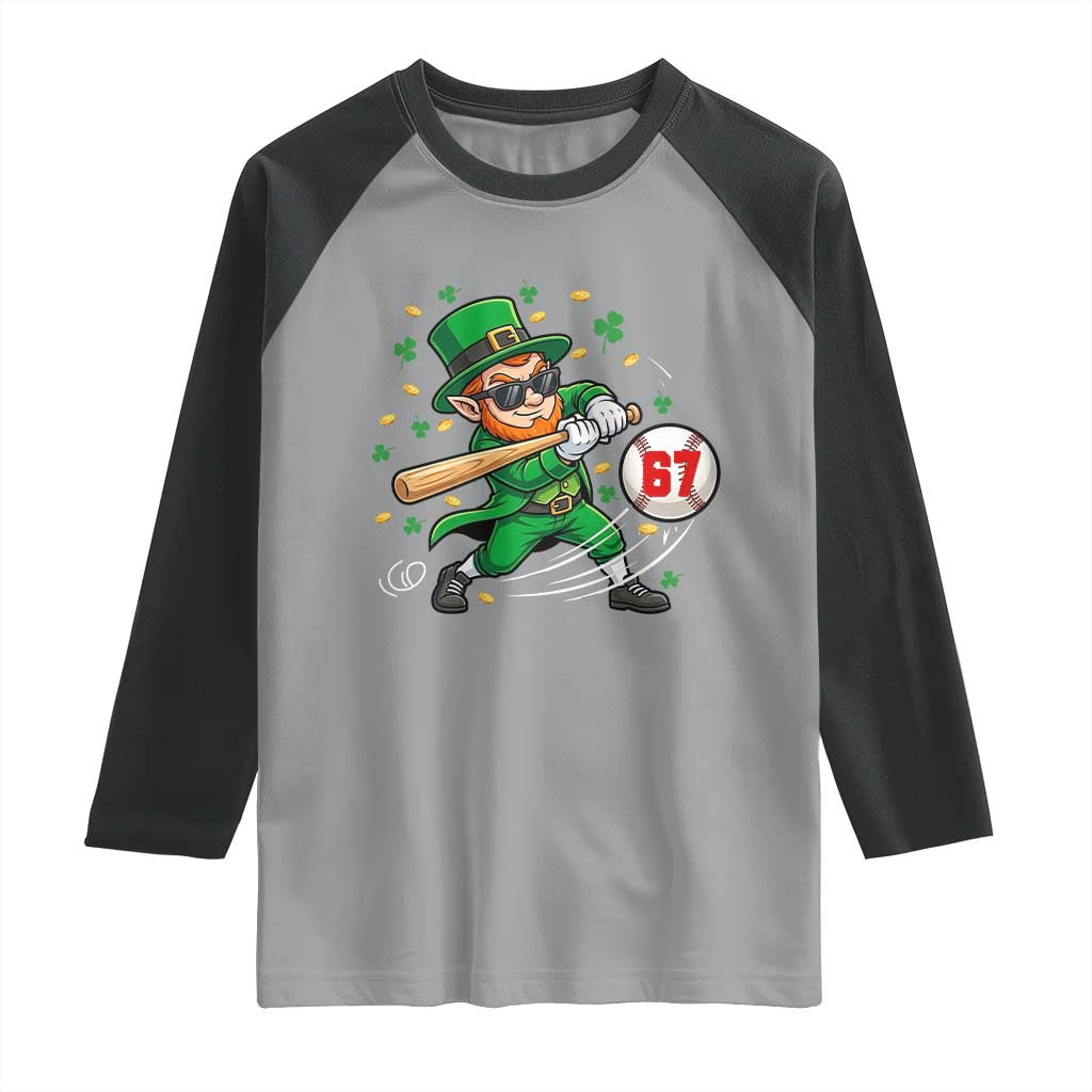 67 St Patricks Day Raglan Shirt Funny Six Seven Leprechaun Playing Baseball Meme TS14 Sport Gray Black Print Your Wear