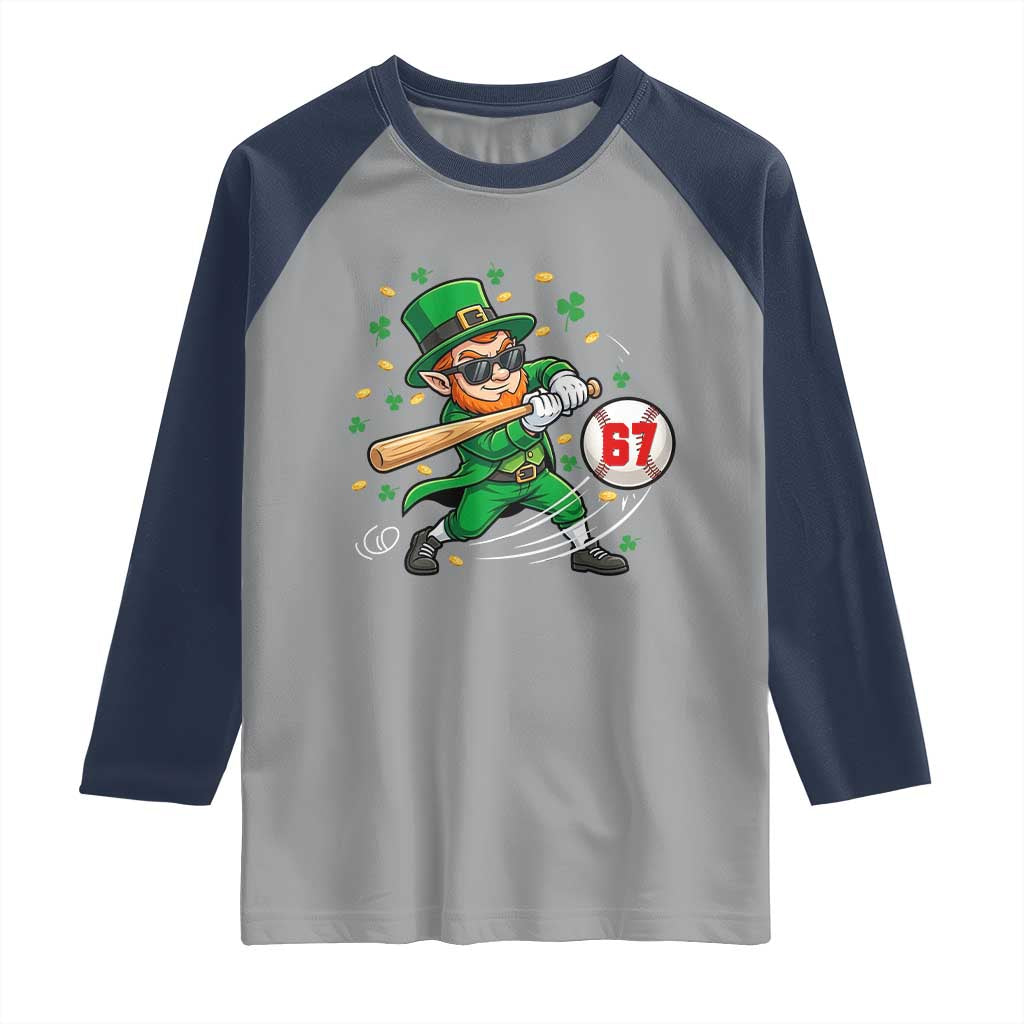 67 St Patricks Day Raglan Shirt Funny Six Seven Leprechaun Playing Baseball Meme TS14 Sport Gray Navy Print Your Wear