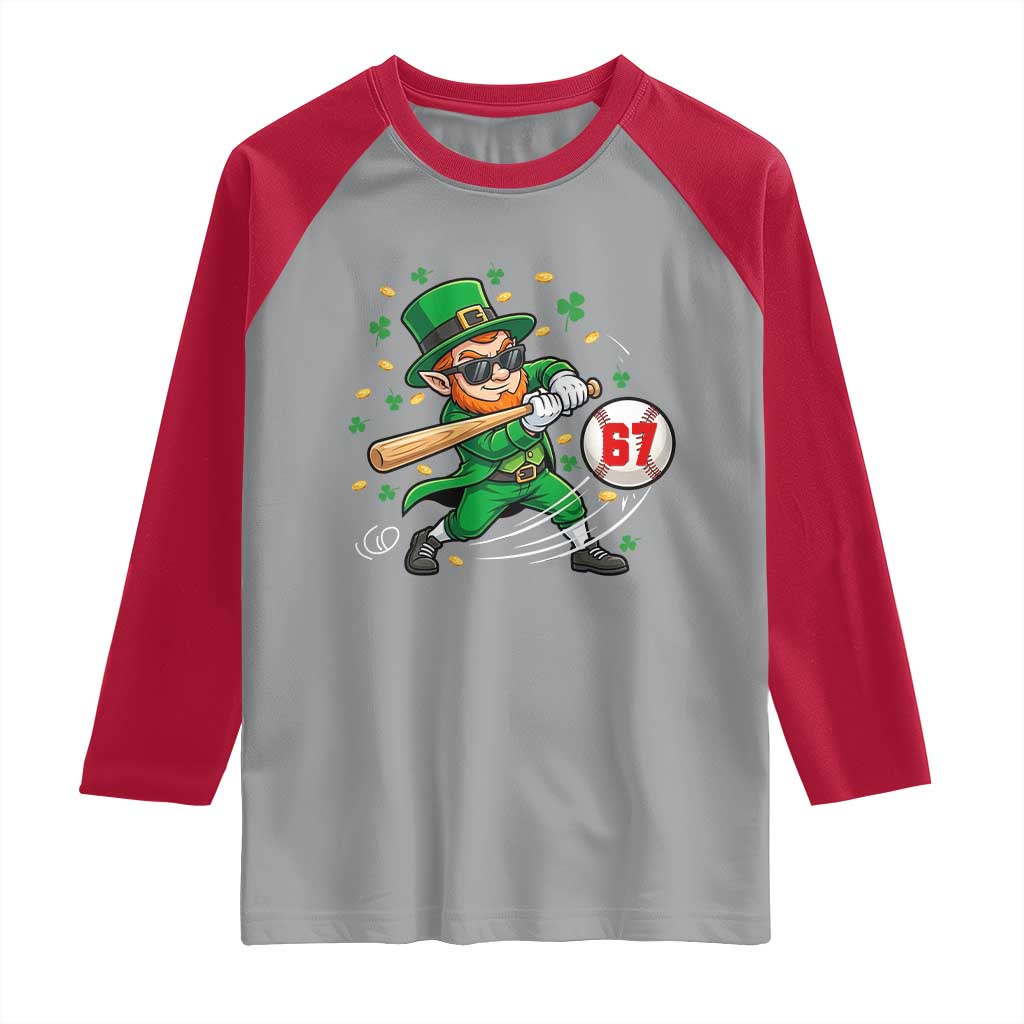 67 St Patricks Day Raglan Shirt Funny Six Seven Leprechaun Playing Baseball Meme TS14 Sport Gray Red Print Your Wear