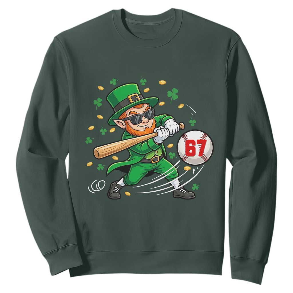 67 St Patricks Day Sweatshirt Funny Six Seven Leprechaun Playing Baseball Meme TS14 Dark Forest Green Print Your Wear