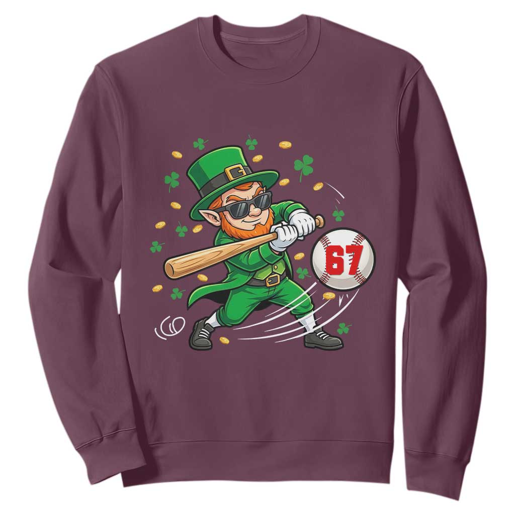 67 St Patricks Day Sweatshirt Funny Six Seven Leprechaun Playing Baseball Meme TS14 Maroon Print Your Wear
