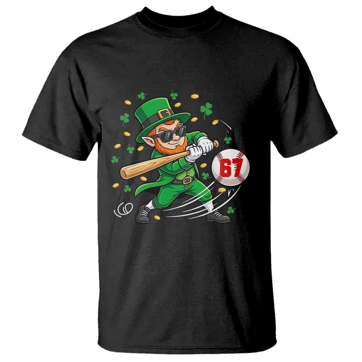 67 St Patricks Day T Shirt Funny Six Seven Leprechaun Playing Baseball Meme TS14 Black Print Your Wear