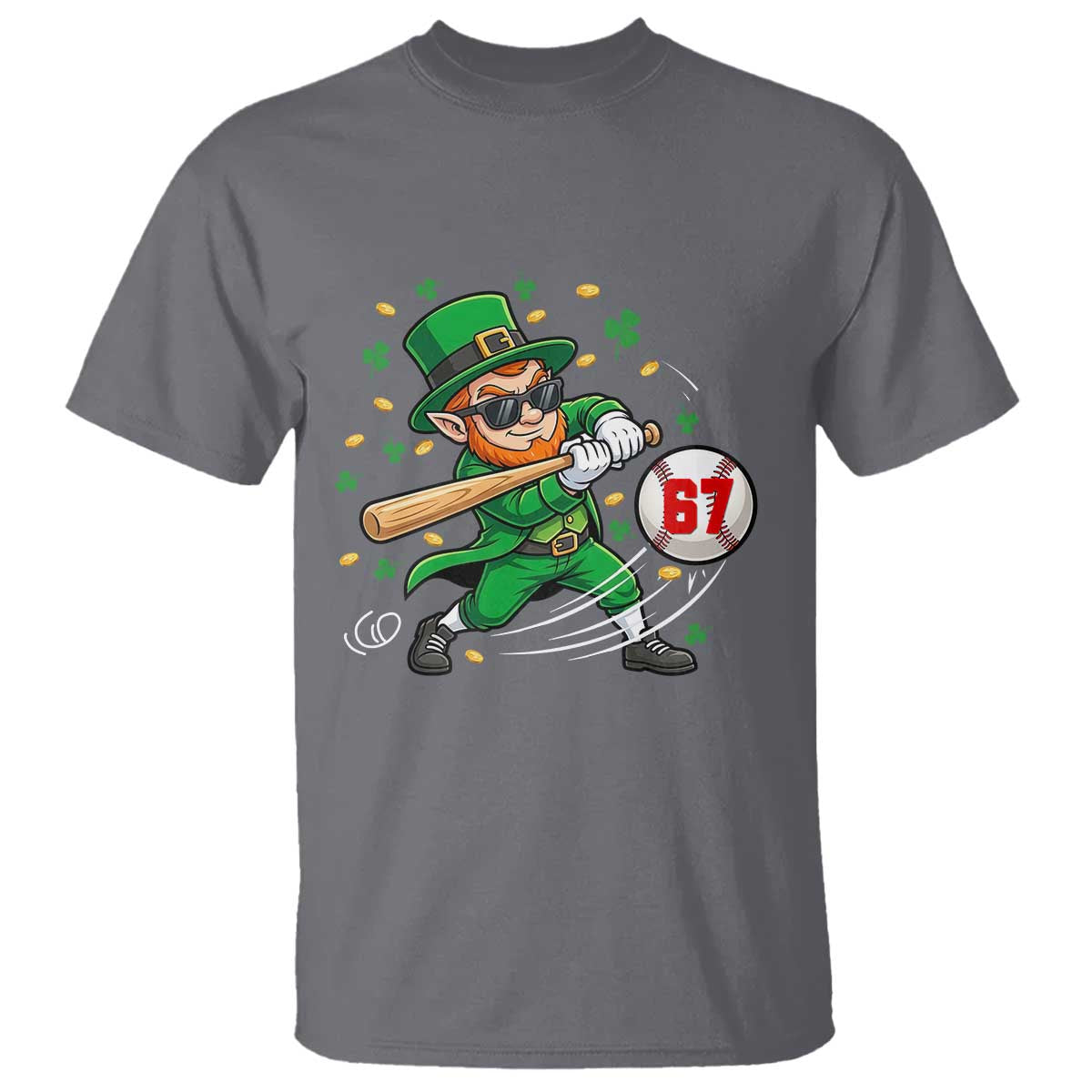 67 St Patricks Day T Shirt Funny Six Seven Leprechaun Playing Baseball Meme TS14 Charcoal Print Your Wear