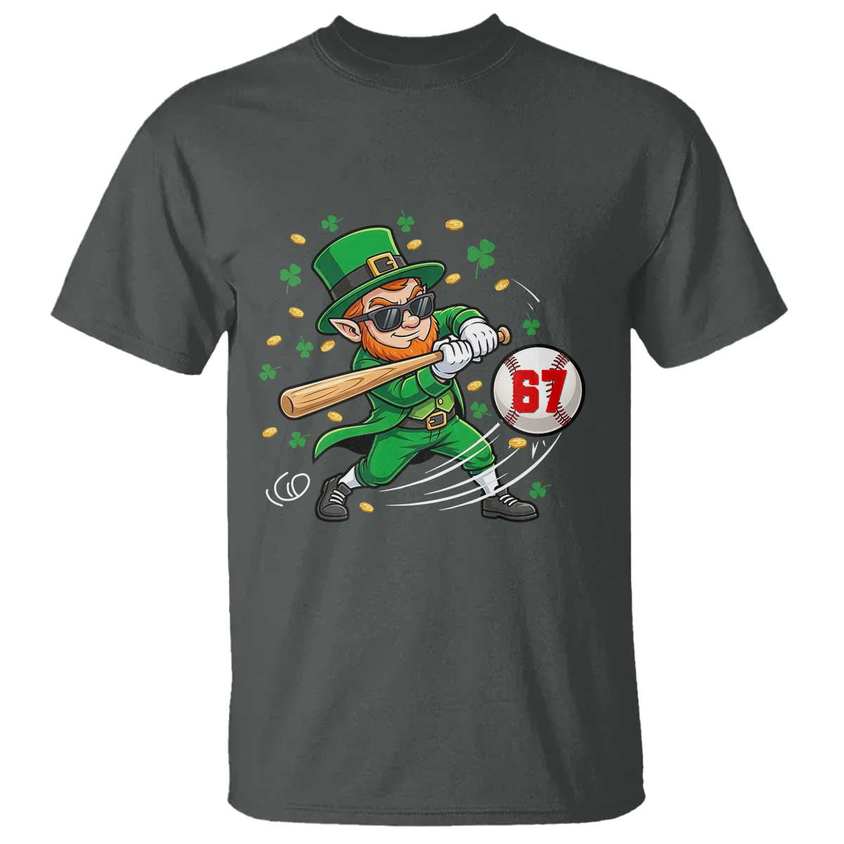 67 St Patricks Day T Shirt Funny Six Seven Leprechaun Playing Baseball Meme TS14 Dark Heather Print Your Wear