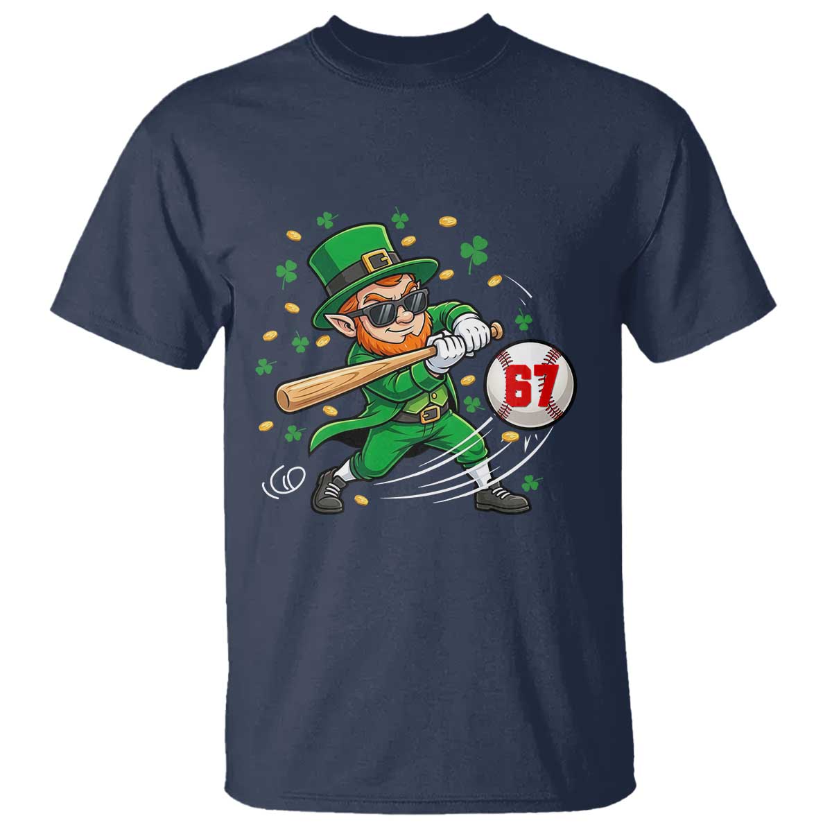 67 St Patricks Day T Shirt Funny Six Seven Leprechaun Playing Baseball Meme TS14 Navy Print Your Wear