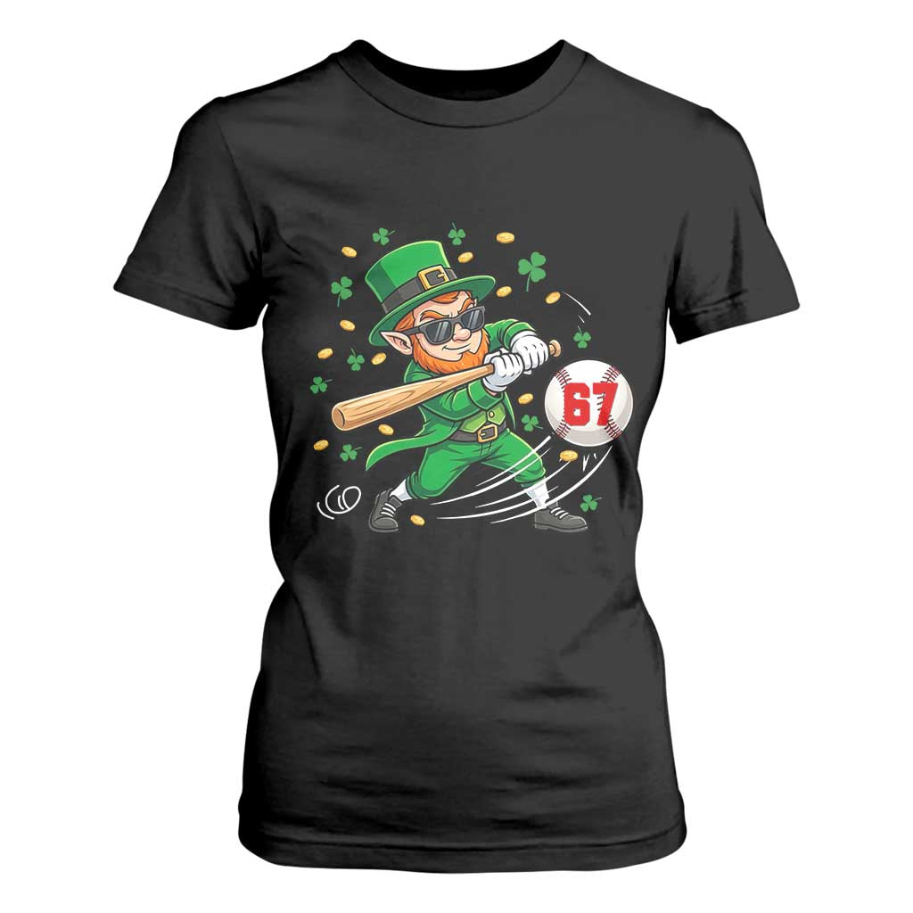 67 St Patricks Day T Shirt For Women Funny Six Seven Leprechaun Playing Baseball Meme TS14 Black Print Your Wear