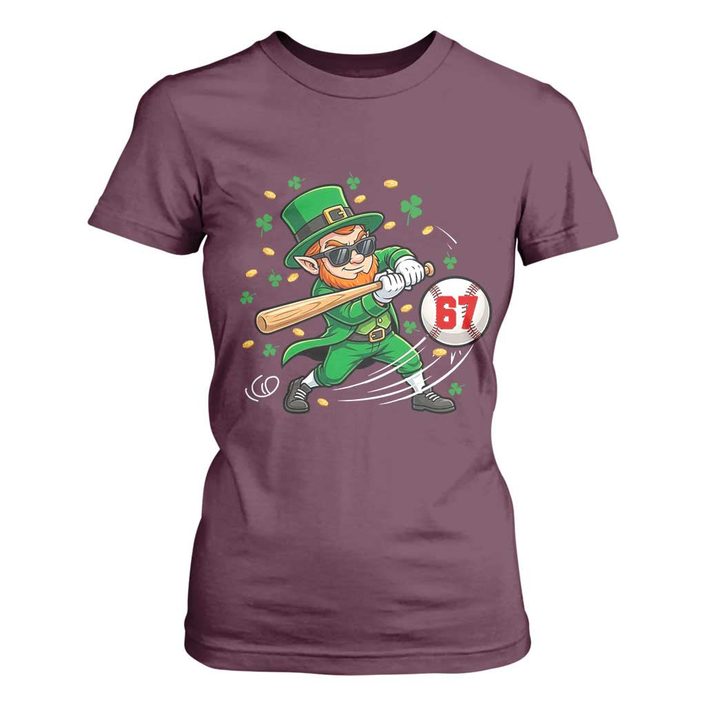 67 St Patricks Day T Shirt For Women Funny Six Seven Leprechaun Playing Baseball Meme TS14 Maroon Print Your Wear