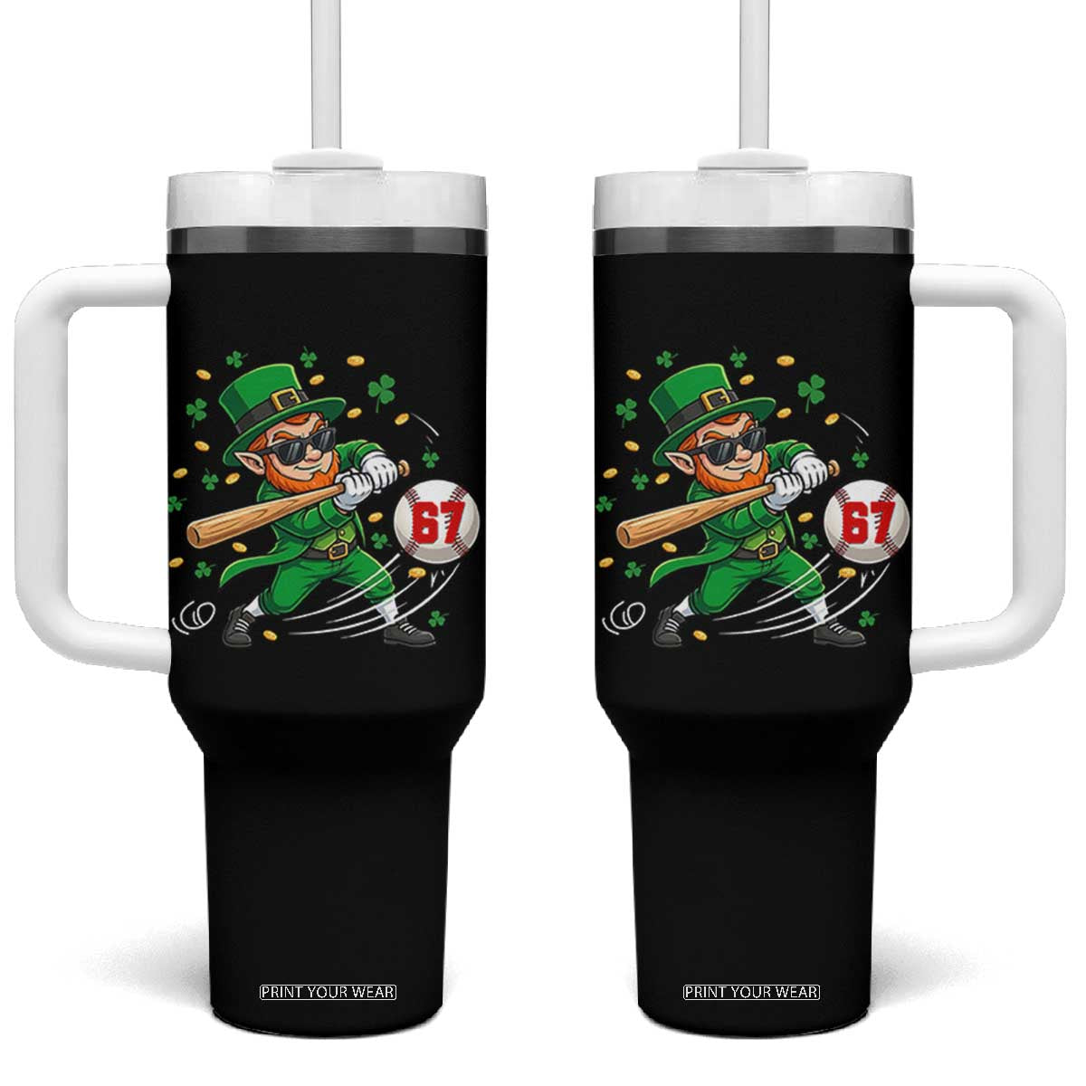 67 St Patricks Day Tumbler With Handle Funny Six Seven Leprechaun Playing Baseball Meme TS14 One Size: 40 oz Black Print Your Wear