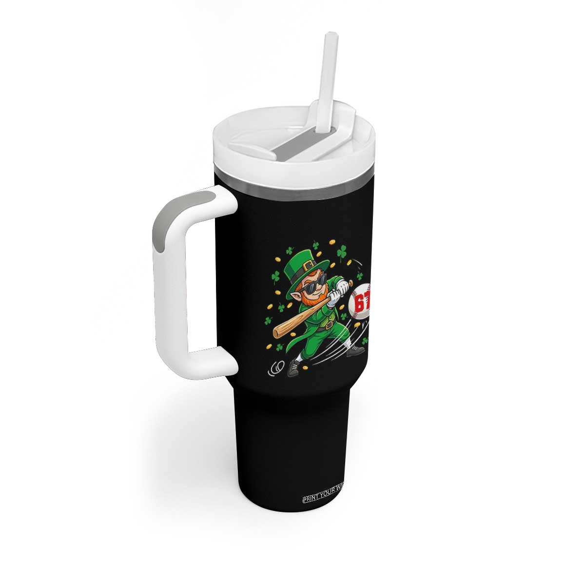 67 St Patricks Day Tumbler With Handle Funny Six Seven Leprechaun Playing Baseball Meme TS14 Print Your Wear