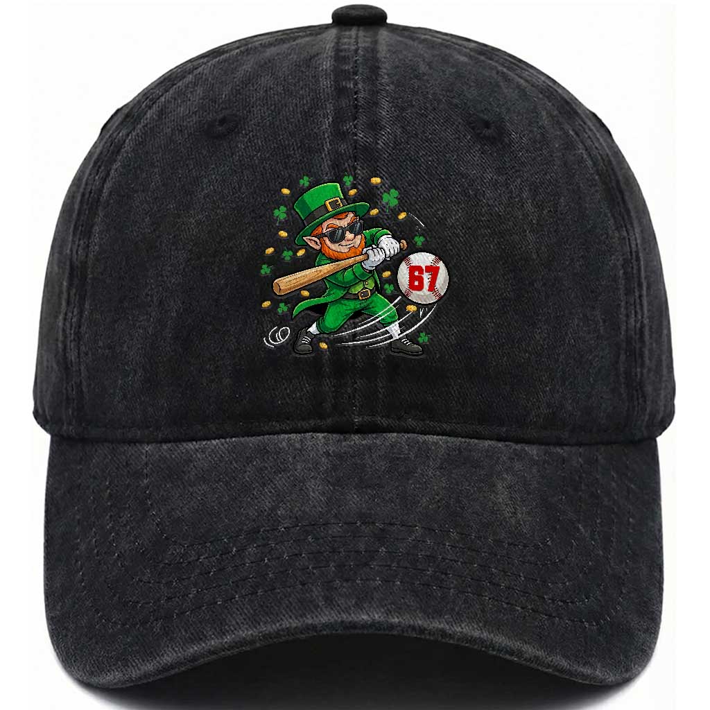 67 St Patricks Day Washed Cotton Baseball Cap Funny Six Seven Leprechaun Playing Baseball Meme TS14 Washed Cap Universal Fit Black Print Your Wear