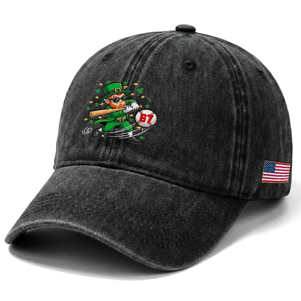 67 St Patricks Day Washed Cotton Baseball Cap Funny Six Seven Leprechaun Playing Baseball Meme TS14 Print Your Wear