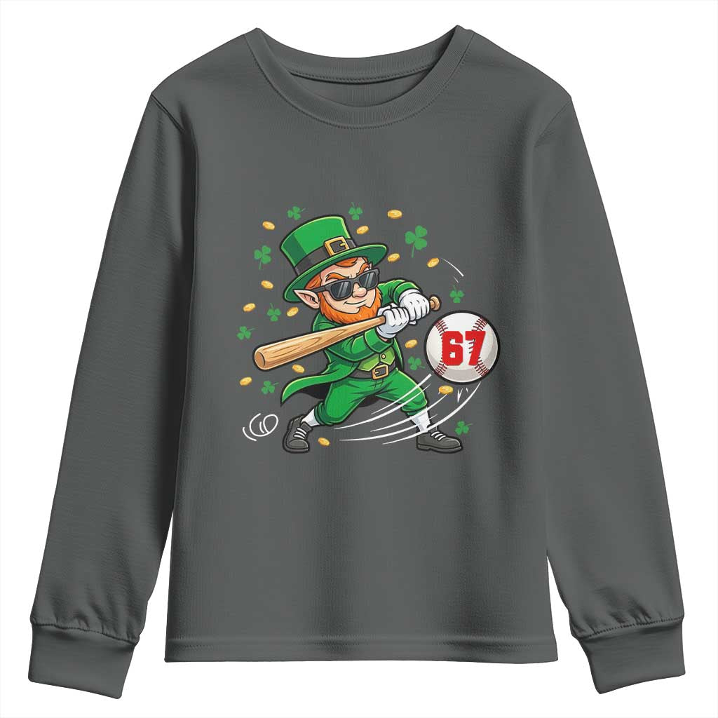 67 St Patricks Day Youth Sweatshirt Funny Six Seven Leprechaun Playing Baseball Meme TS14 Dark Heather Print Your Wear