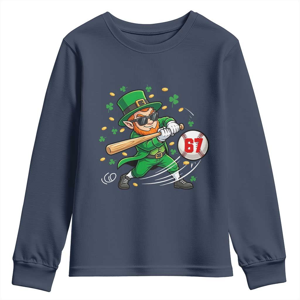 67 St Patricks Day Youth Sweatshirt Funny Six Seven Leprechaun Playing Baseball Meme TS14 Navy Print Your Wear
