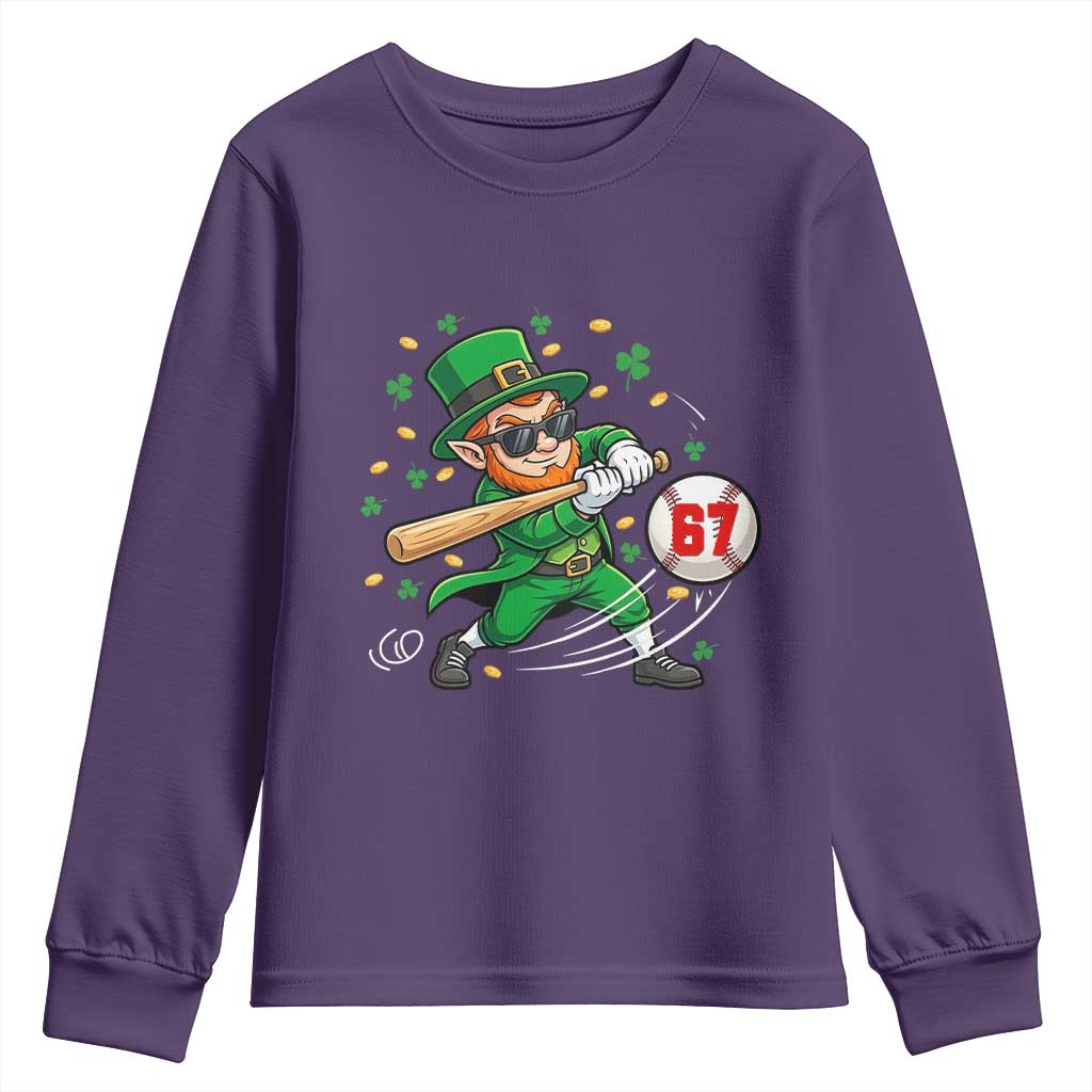 67 St Patricks Day Youth Sweatshirt Funny Six Seven Leprechaun Playing Baseball Meme TS14 Purple Print Your Wear