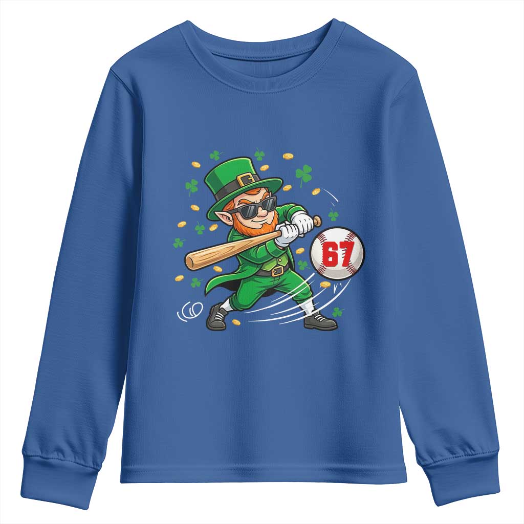 67 St Patricks Day Youth Sweatshirt Funny Six Seven Leprechaun Playing Baseball Meme TS14 Royal Blue Print Your Wear