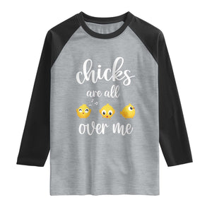 Chicks Are All Over Me Raglan Shirt Funny Easter Kids TS14 Heather Gray Black Print Your Wear