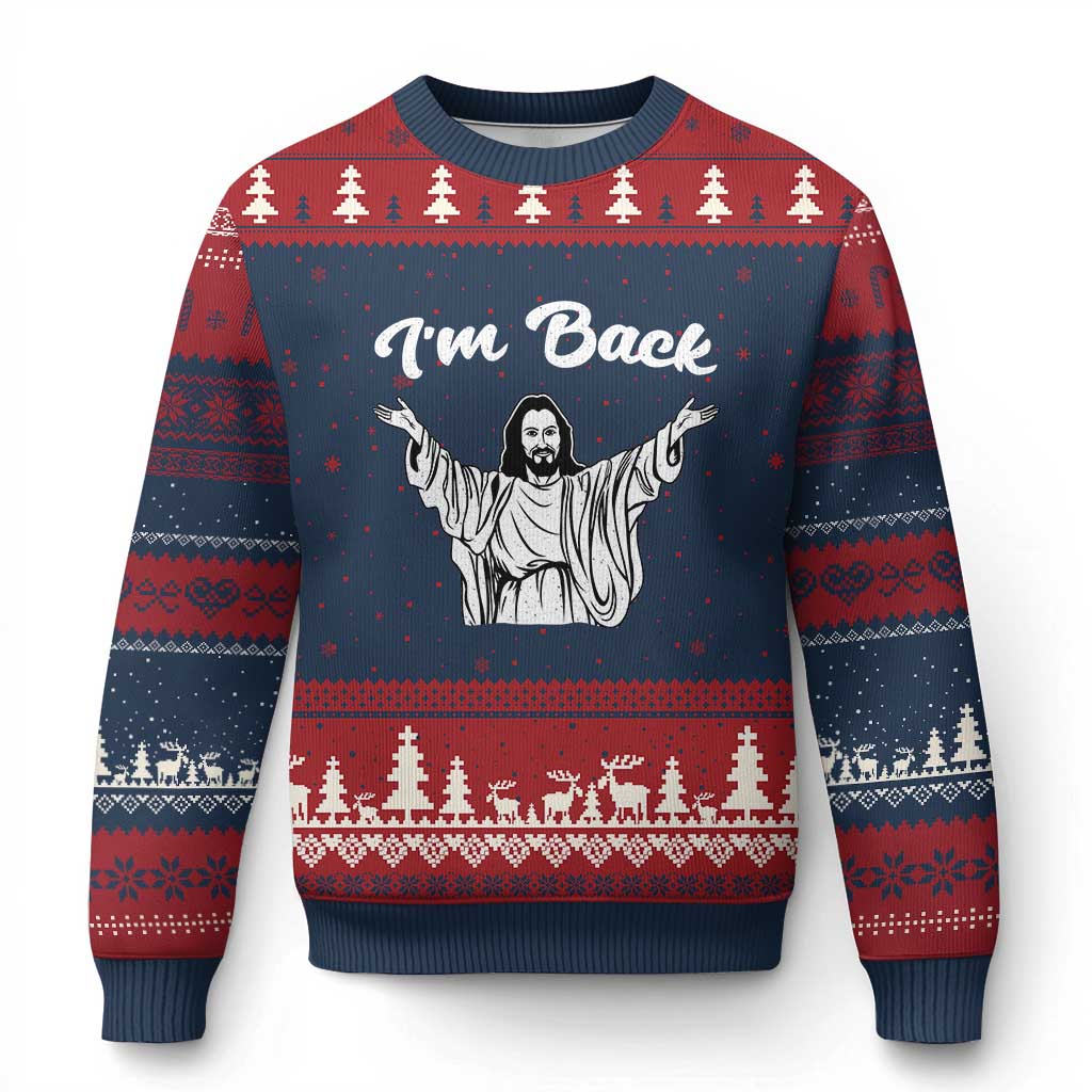 Funny Easter Jesus Meme Ugly Christmas Sweater I'm Back TS14 Navy Red Print Your Wear