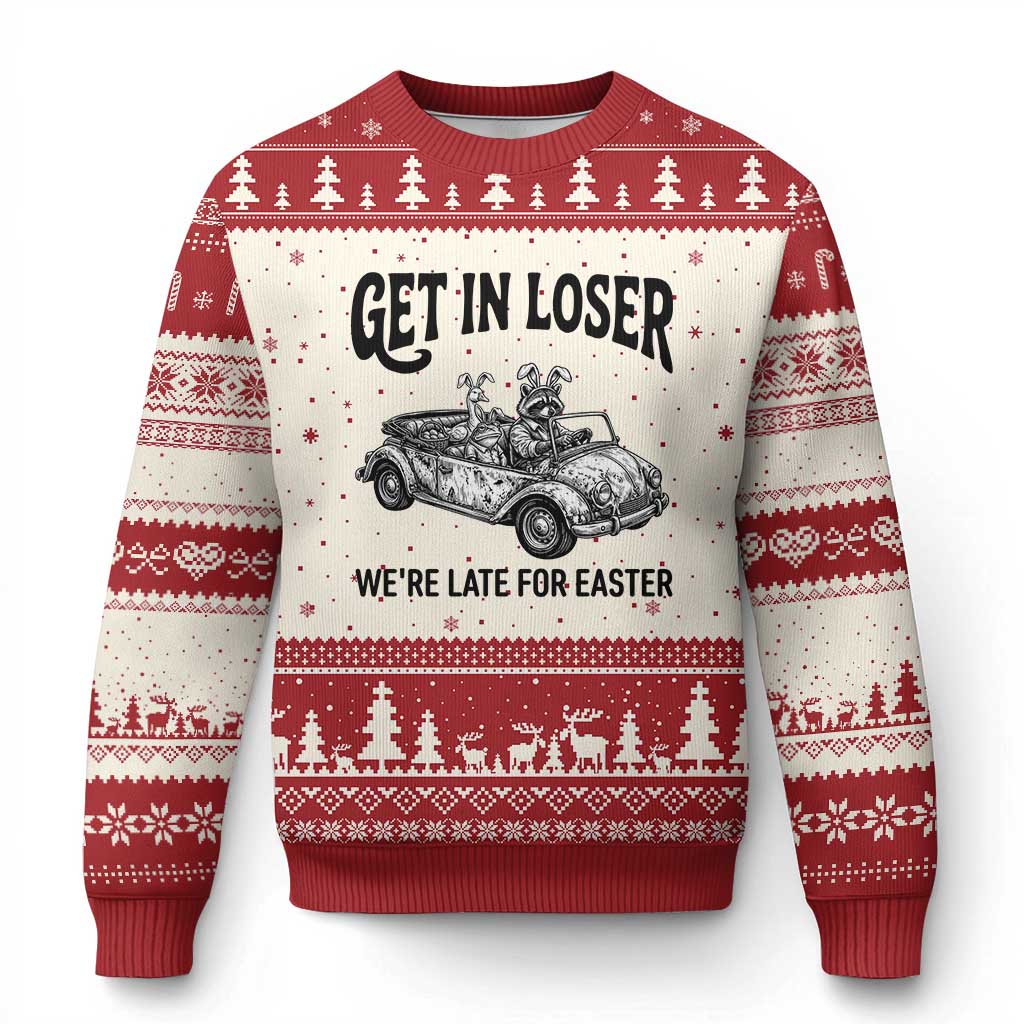 Get In Loser We're Late For Easter Ugly Christmas Sweater Funny Easter Raccoon Frog Goose Humor TS14 Beige Red Print Your Wear