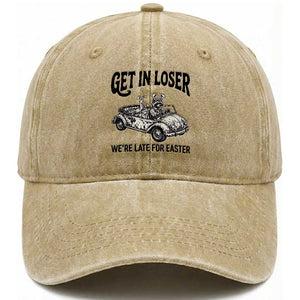 Get In Loser We're Late For Easter Washed Cotton Baseball Cap Funny Easter Raccoon Frog Goose Humor TS14 Print Your Wear