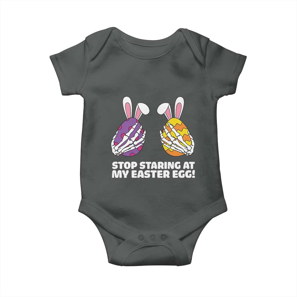Stop Staring at My Easter Eggs Baby Onesie Funny Skeleton Bunny Easter TS14 Dark Heather Print Your Wear
