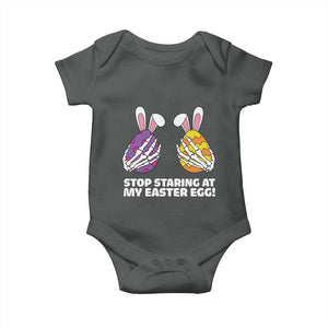 Stop Staring at My Easter Eggs Baby Onesie Funny Skeleton Bunny Easter TS14 Dark Heather Print Your Wear