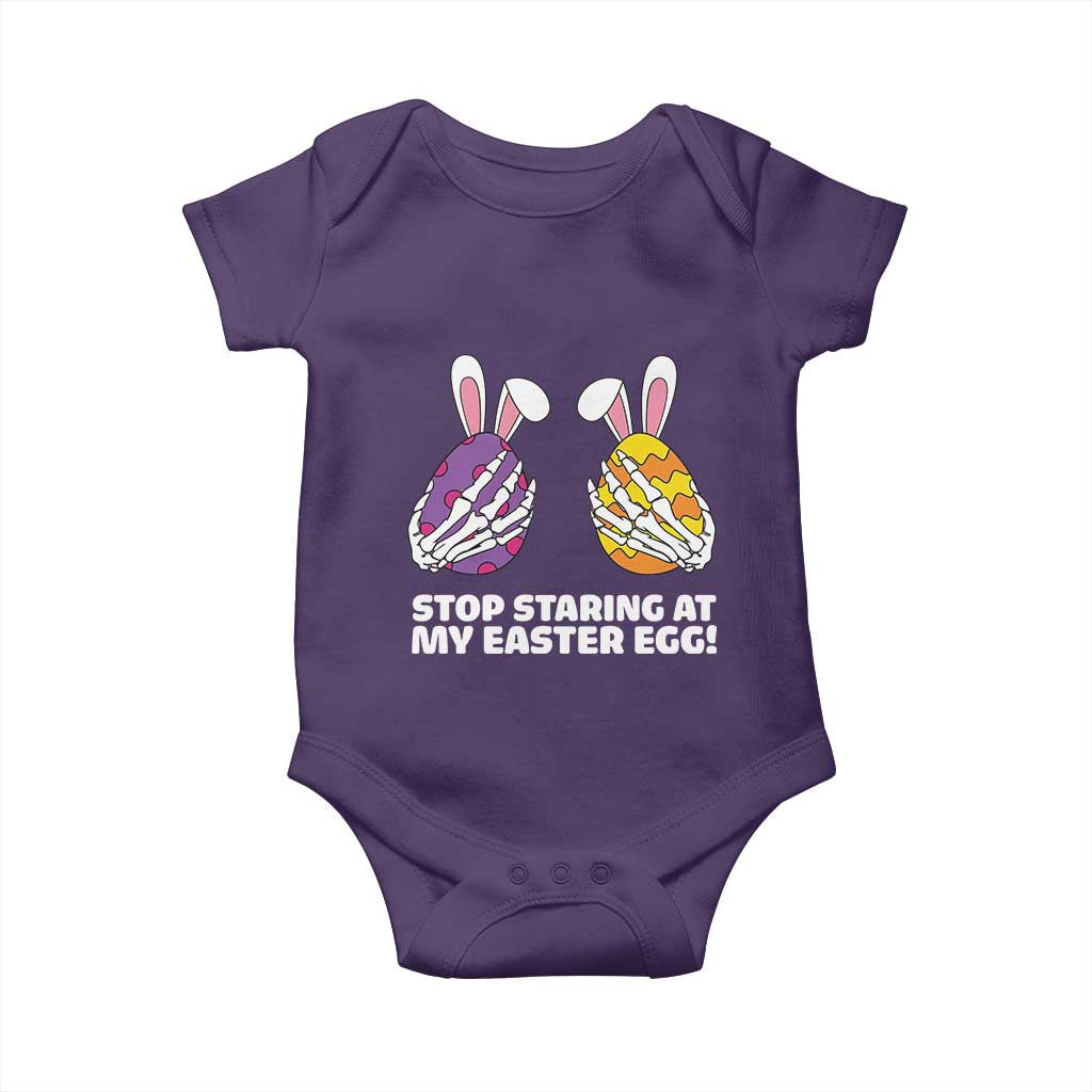 Stop Staring at My Easter Eggs Baby Onesie Funny Skeleton Bunny Easter TS14 Purple Print Your Wear