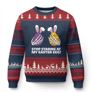 Stop Staring at My Easter Eggs Ugly Christmas Sweater Funny Skeleton Bunny Easter TS14 Navy Red Print Your Wear